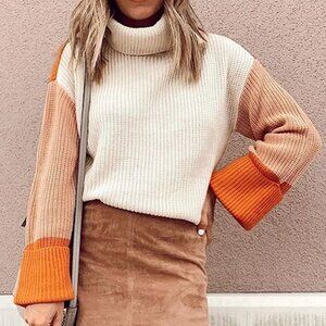 Orange Cream Color Block Turtleneck Chunky Knit Pullover Sweater Women’s Large